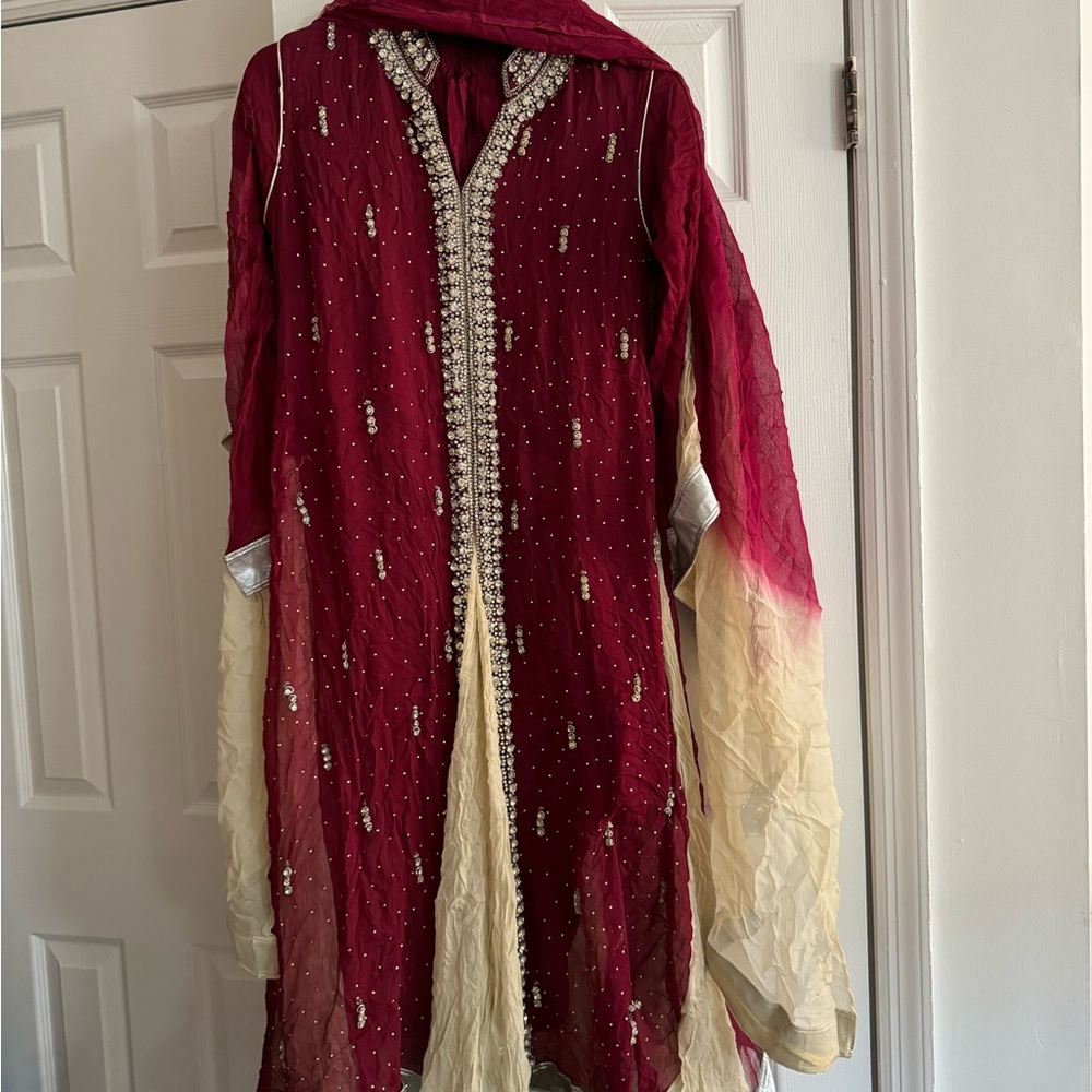 Red silver beige shalwar kameez